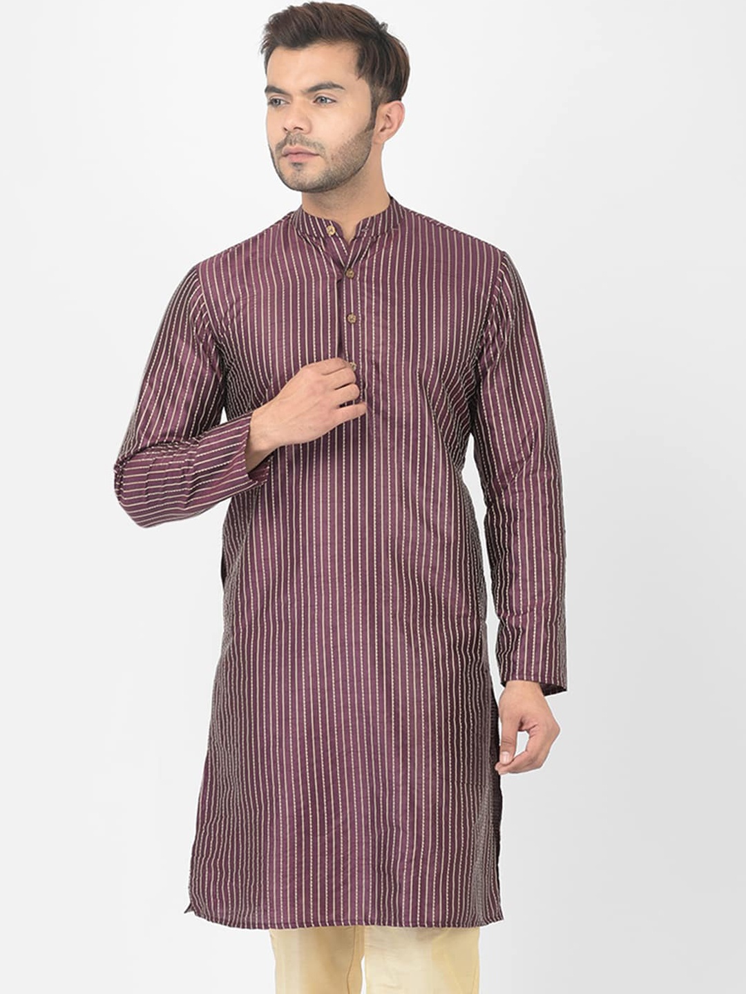 DEYANN Men Maroon Striped Jacquard Kurta