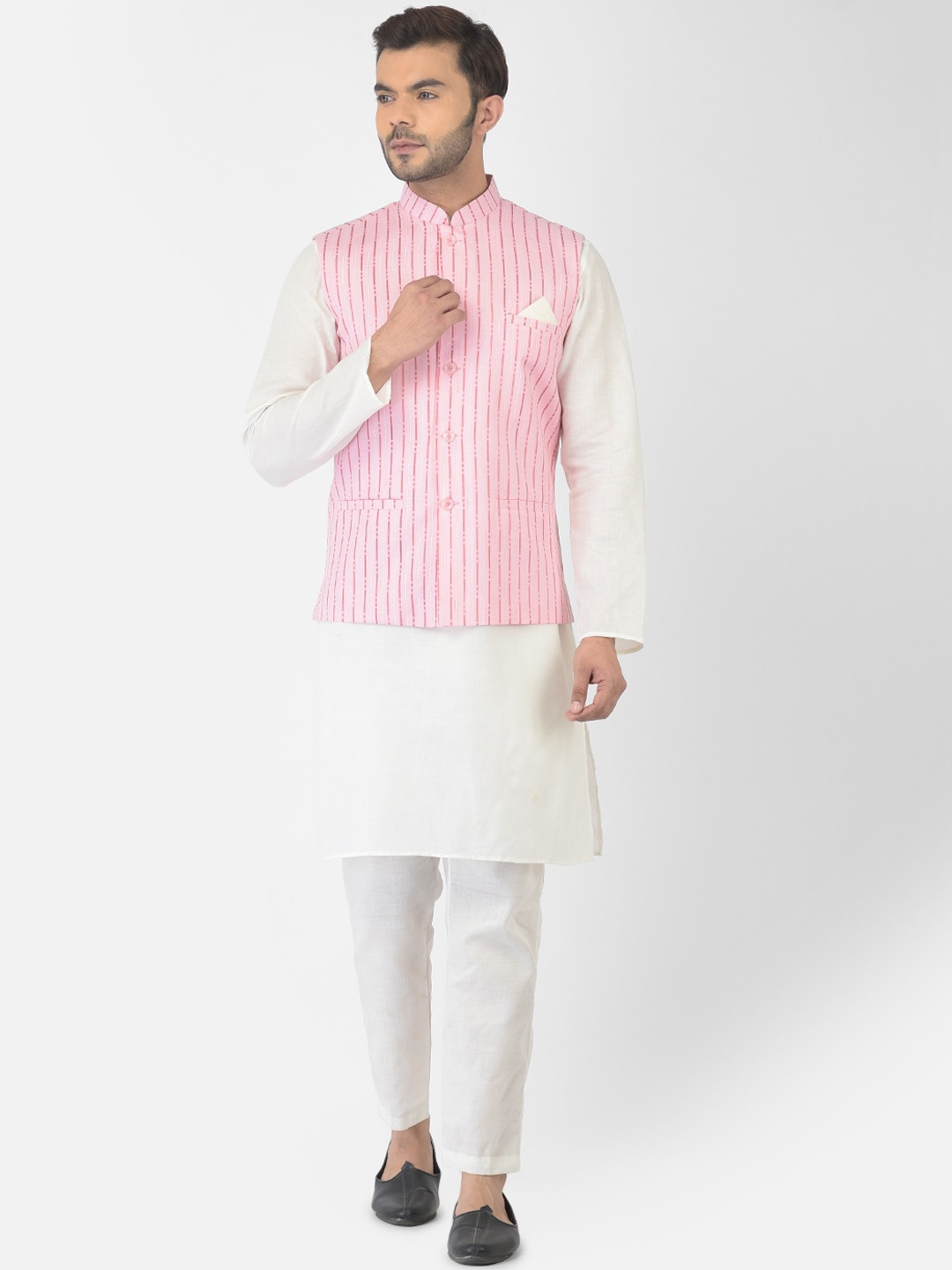 DEYANN Men Pink & White Striped Layered Pure Cotton Kurta with Trousers & Nehru Coat
DEYANN Men Pink & White Striped Layered Pure Cotton Kurta with Trousers & Nehru Coat