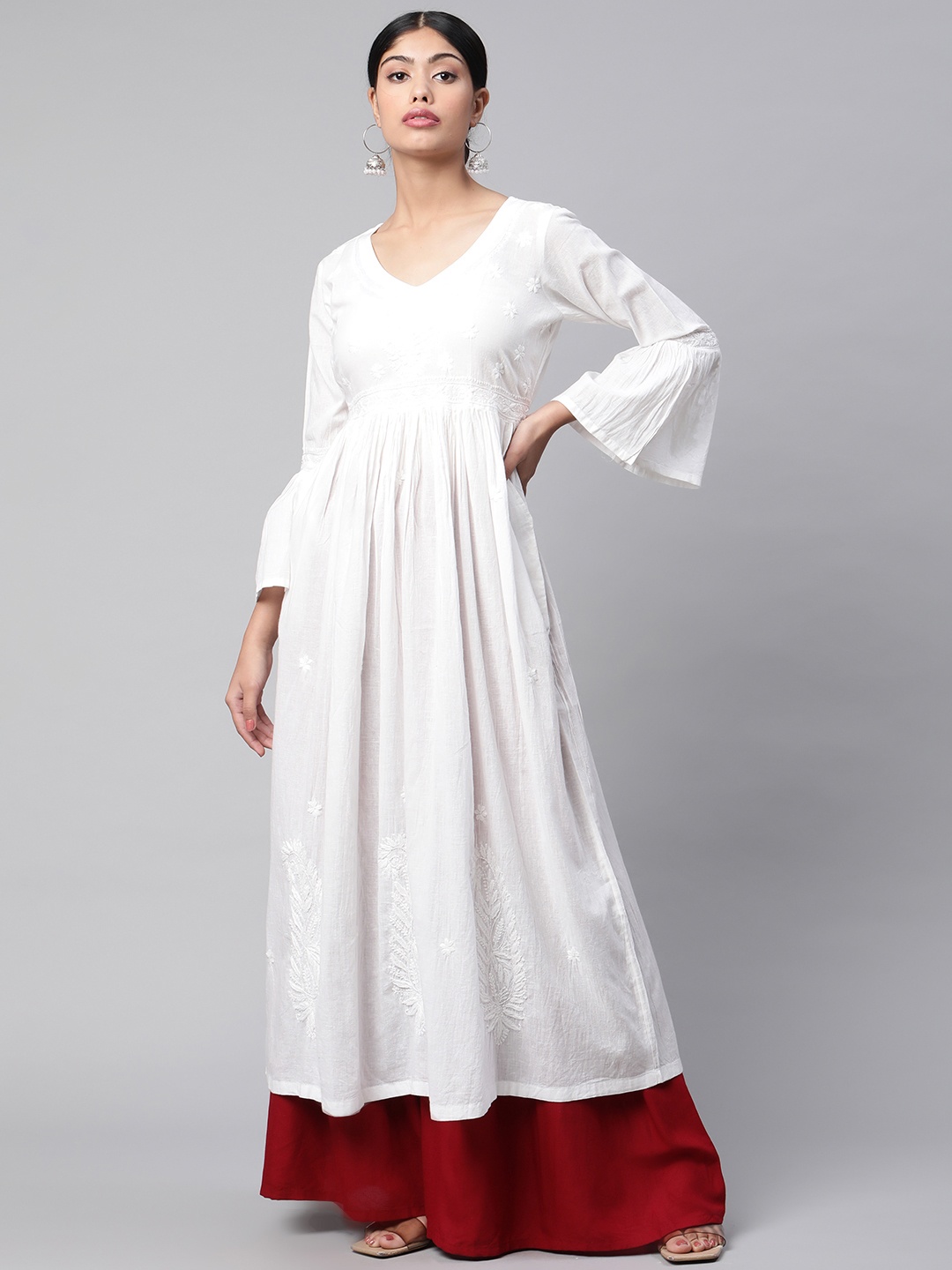 SHADES OF FAASHION Women White Ethnic Motifs Embroidered Bell Sleeves Chikankari Anarkali Kurta
SHADES OF FAASHION Women White Ethnic Motifs Embroidered Bell Sleeves Chikankari Anarkali Kurta