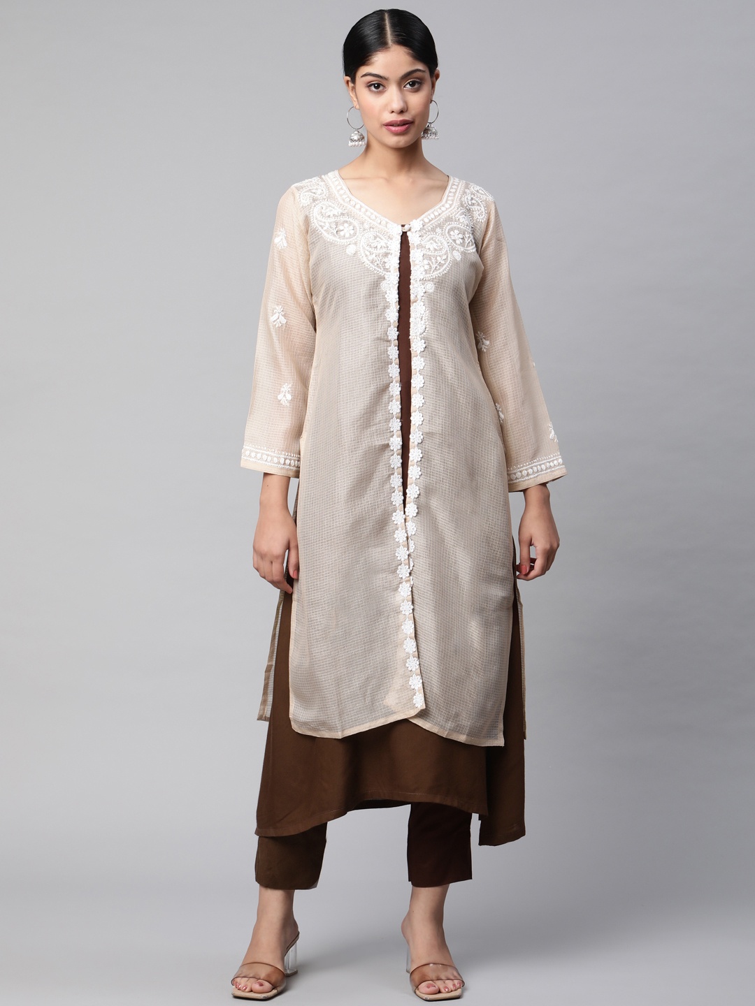 SHADES OF FAASHION Women Ethnic Motifs Chikankari Thread Work Georgette Layered Kurta with Shrug, Brown
SHADES OF FAASHION Women Ethnic Motifs Chikankari Thread Work Georgette Layered Kurta with Shrug, Brown