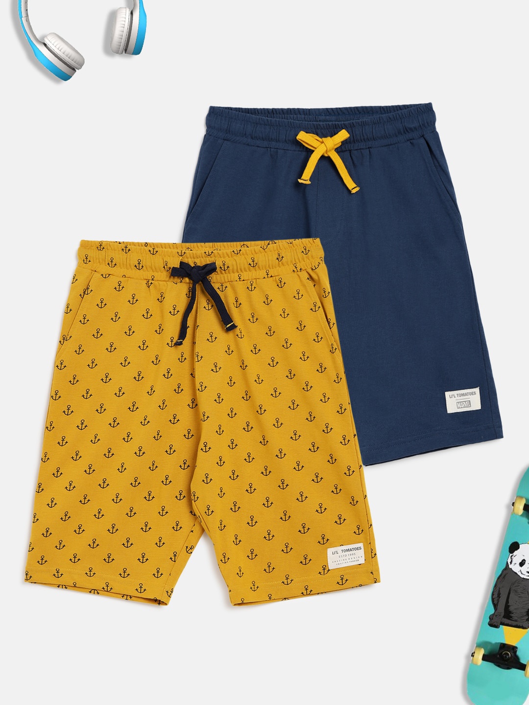 Lil Tomatoes Boys Mustard Yellow & Navy Blue Set Of 2 Printed Outdoor Shorts