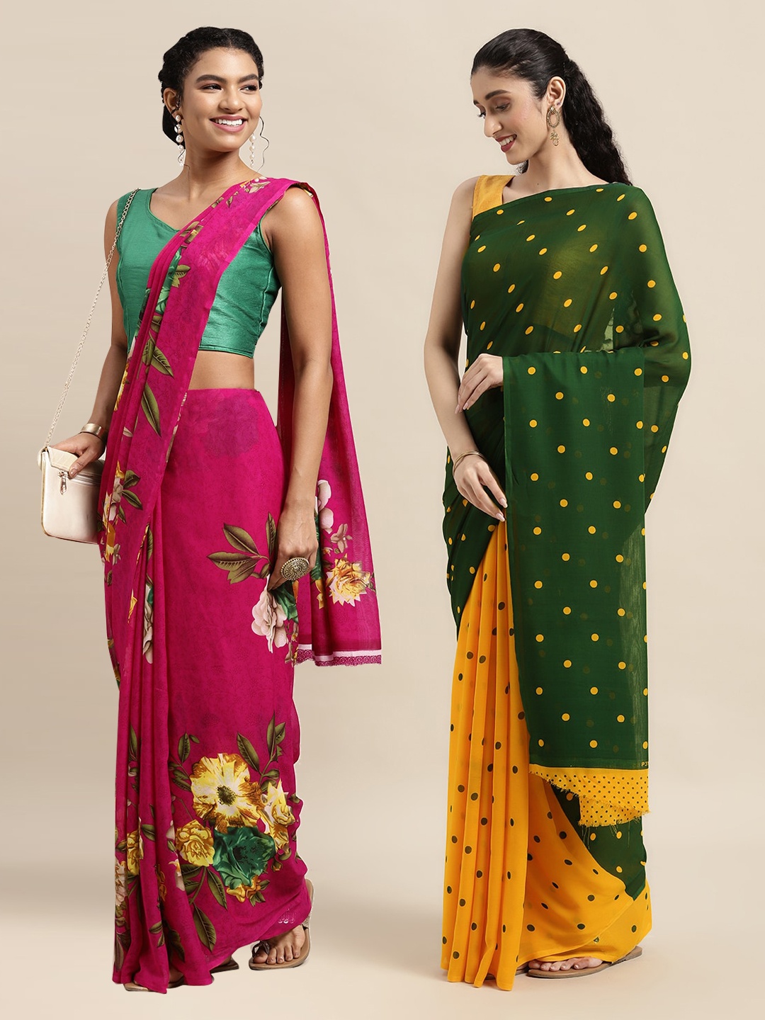 KALINI Set Of 2 Green & Pink Floral Saree