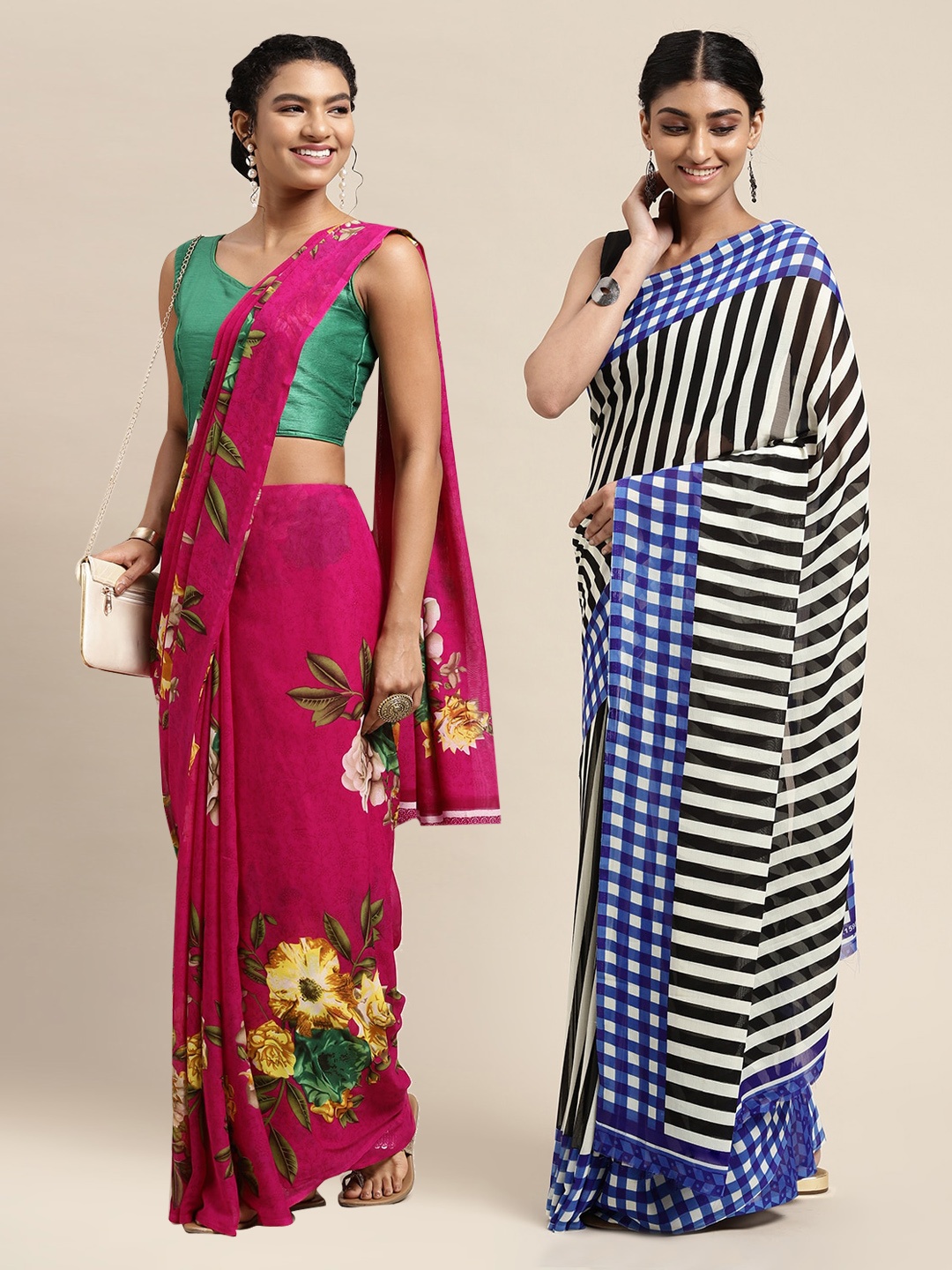KALINI Pink & Blue Set Of 2 Floral Saree