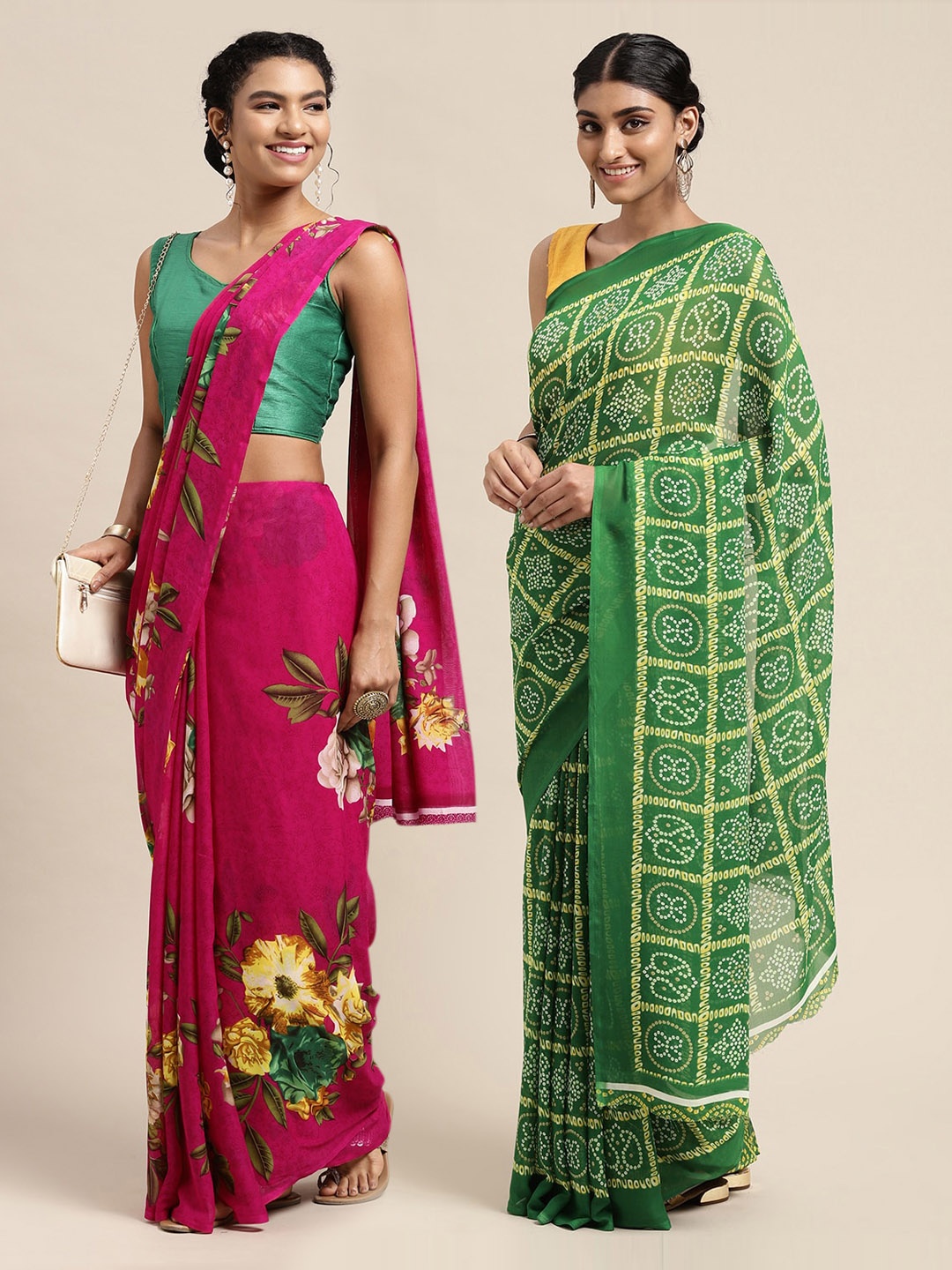 KALINI Pack Of 2 Pink & Green Floral Saree