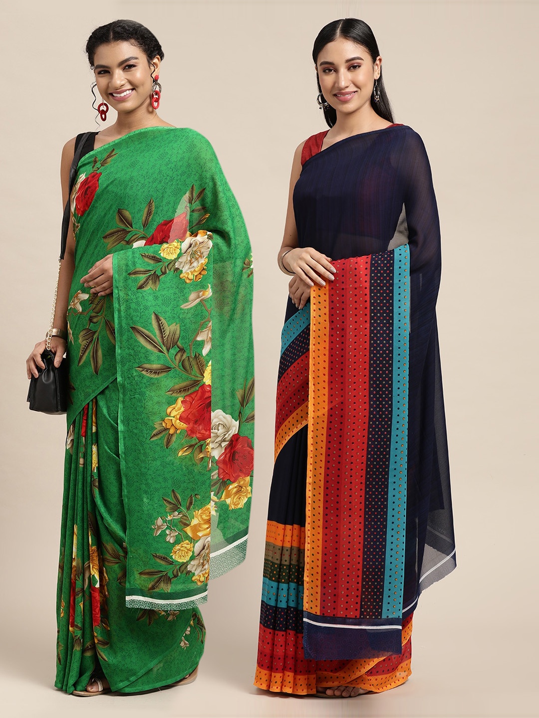 KALINI Pack Of 2 Navy Blue & Green Printed Saree