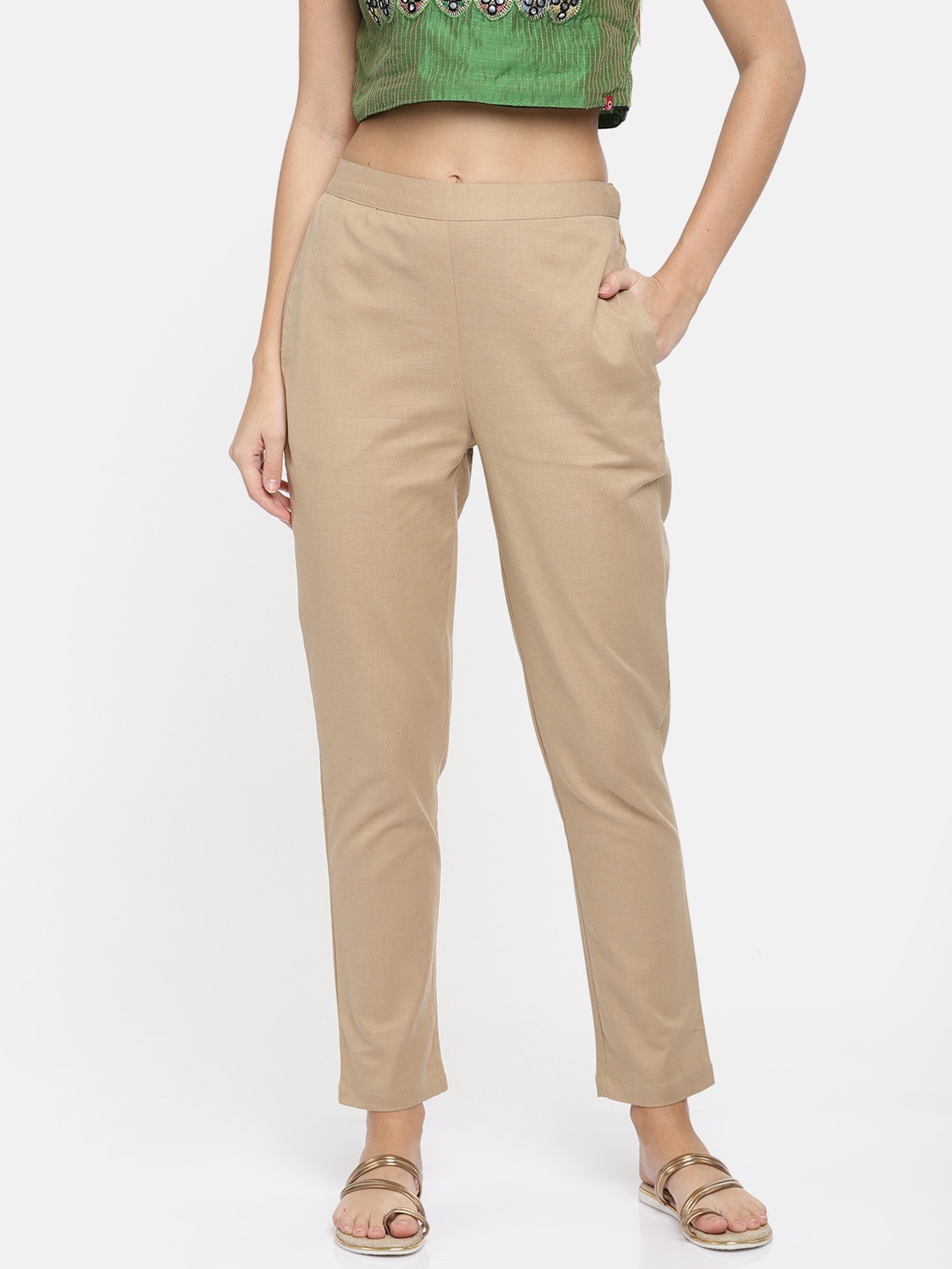 Global Desi Women Khaki Solid Trousers
