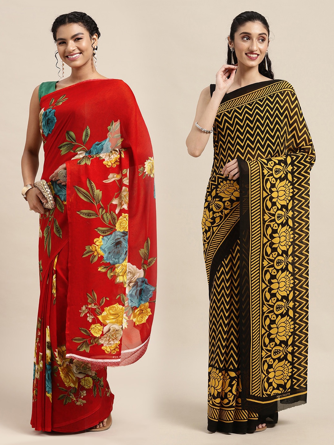 KALINI Red & Yellow Floral Pure Georgette Saree