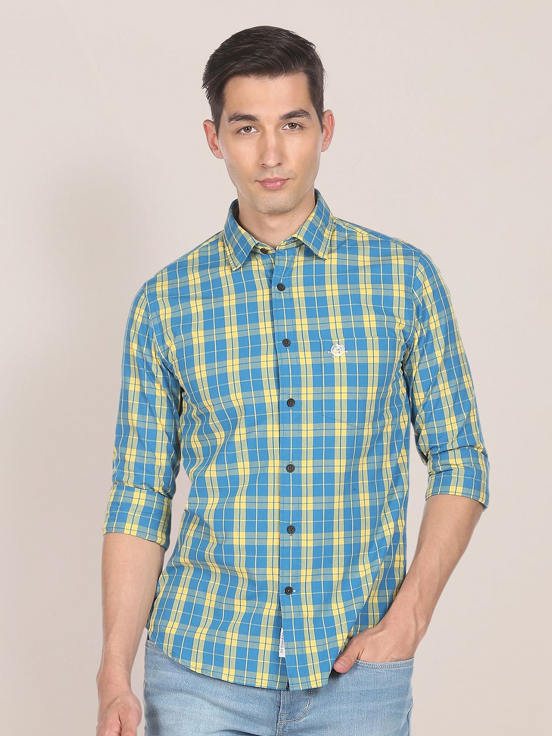 U S Polo Assn Men Blue & Yellow Tailored Fit Checked Pure Cotton Casual Shirt
U S Polo Assn Men Blue & Yellow Tailored Fit Checked Pure Cotton Casual Shirt