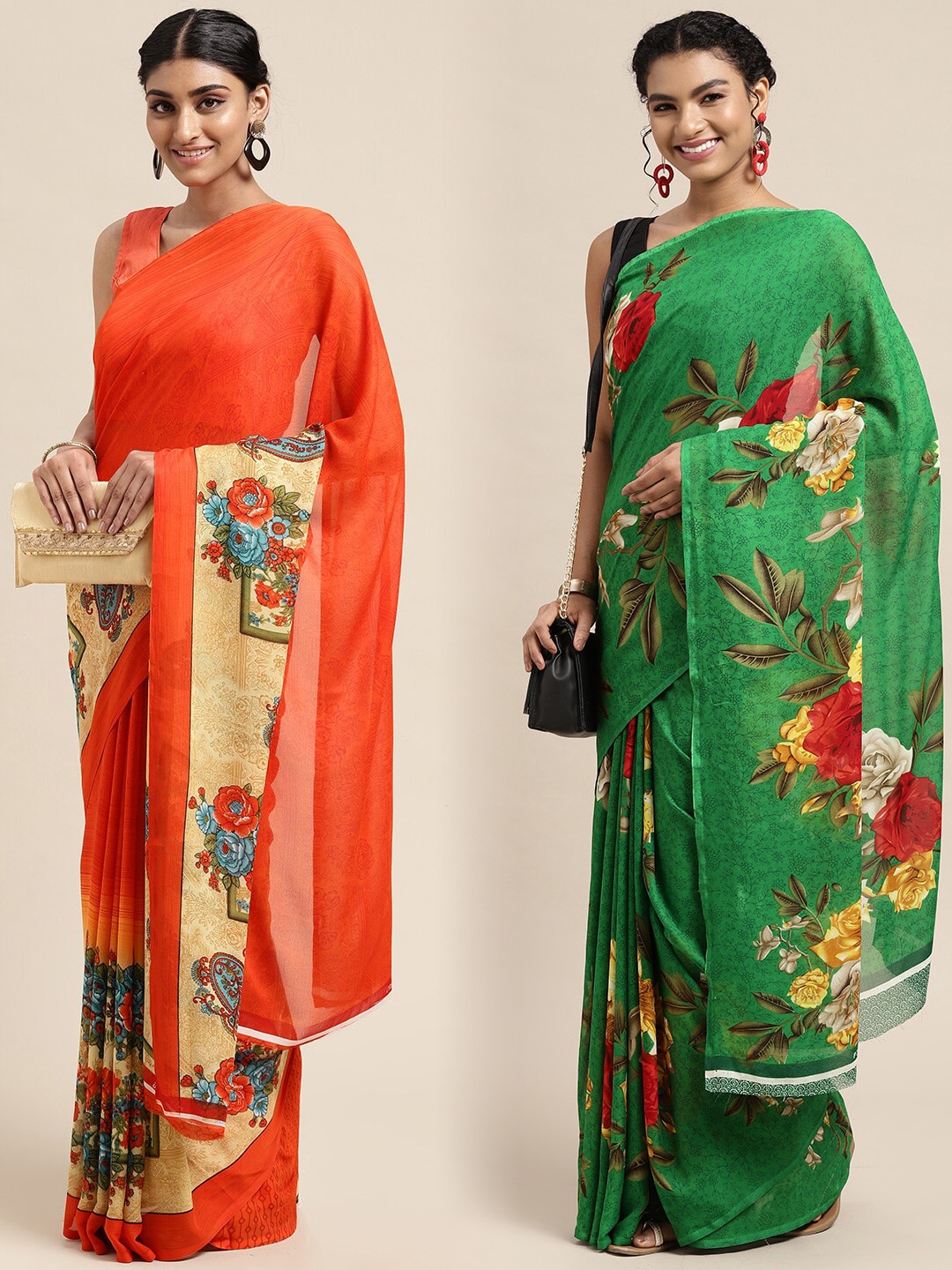 KALINI Pack of 2 Printed Sarees, Green