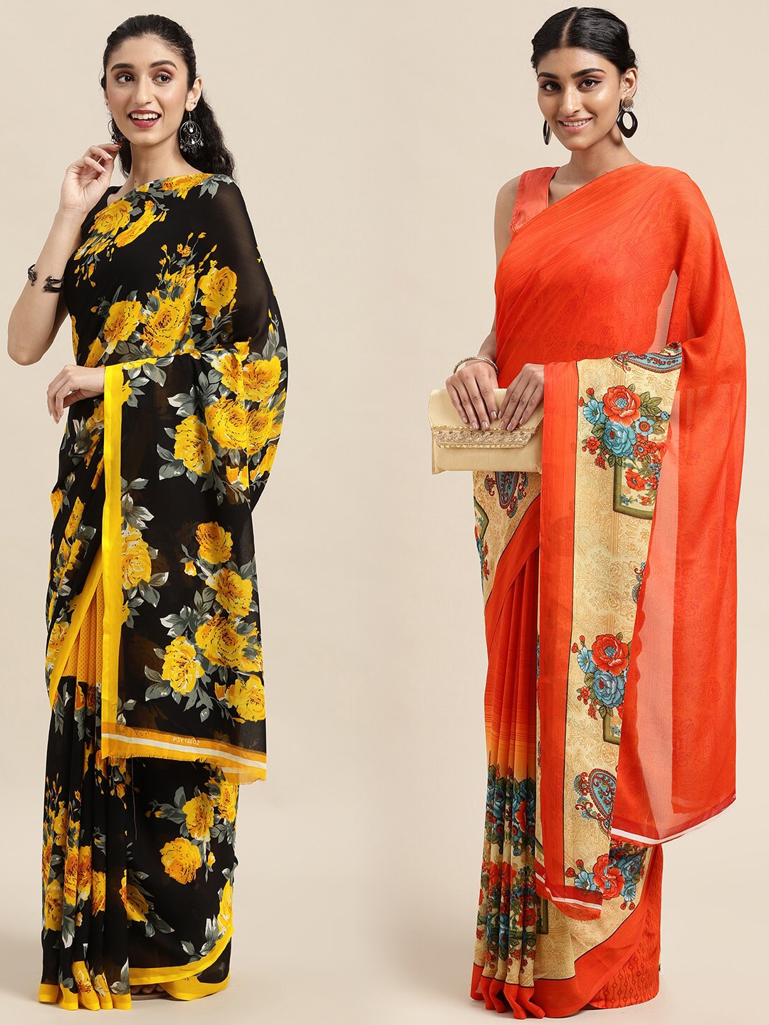 KALINI Pack of 2 Printed Sarees, Orange