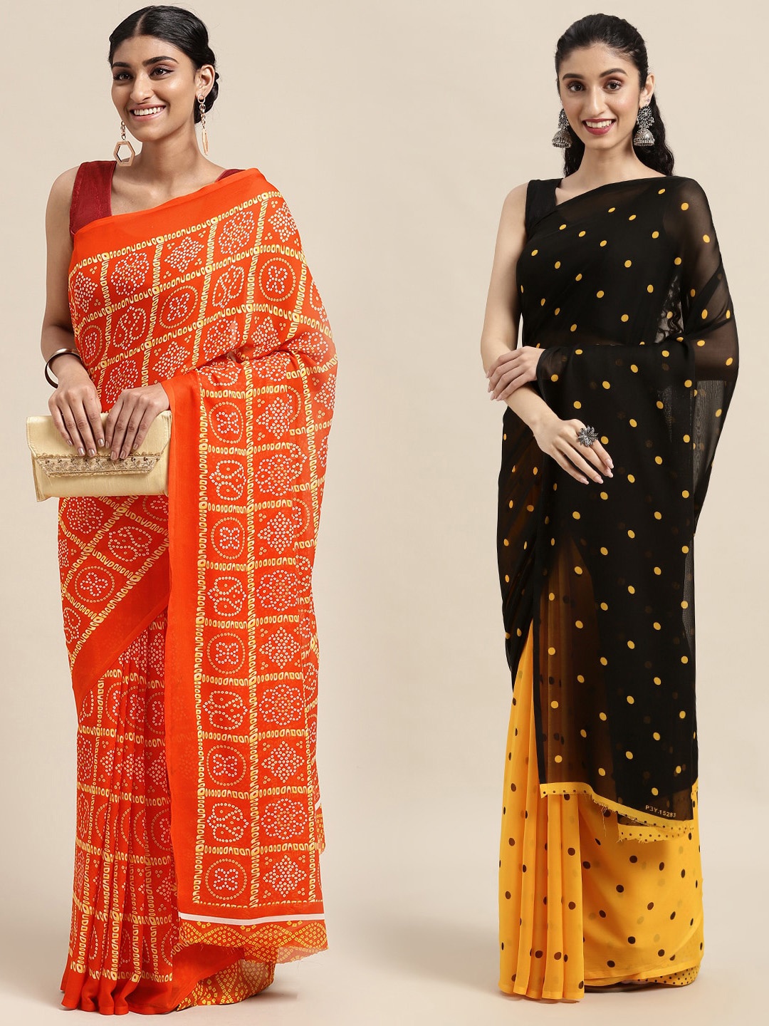 KALINI Pack of 2 Polka Dots Printed Saree, Orange