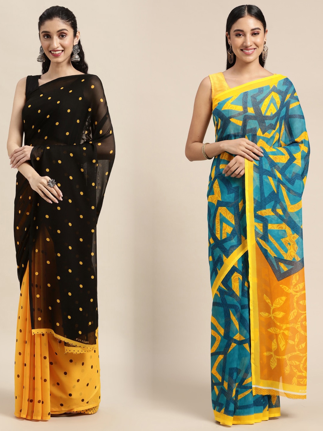 KALINI Pack of 2 Printed Sarees, Black