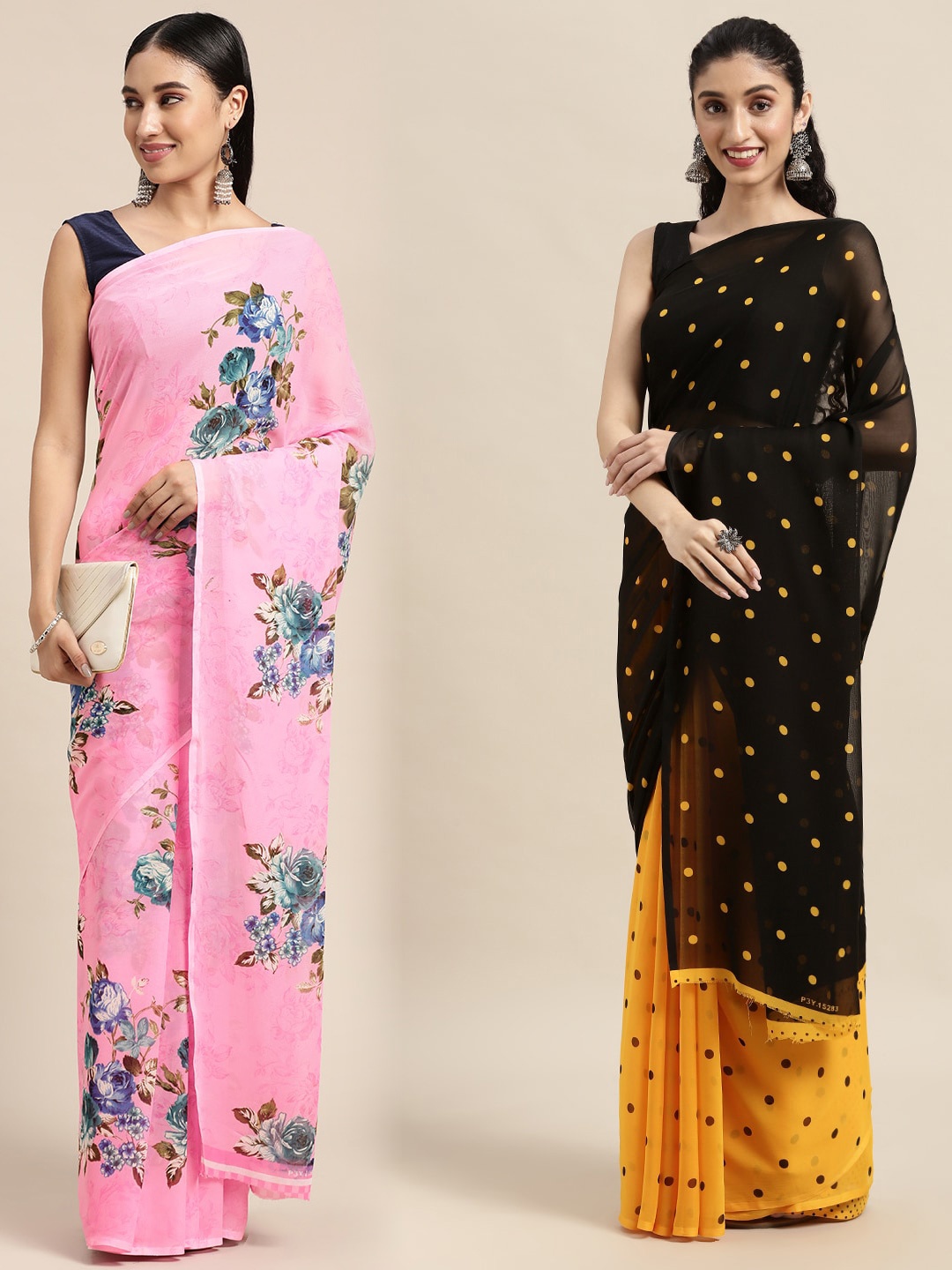 KALINI Pack of 2 Floral Printed Saree, Pink