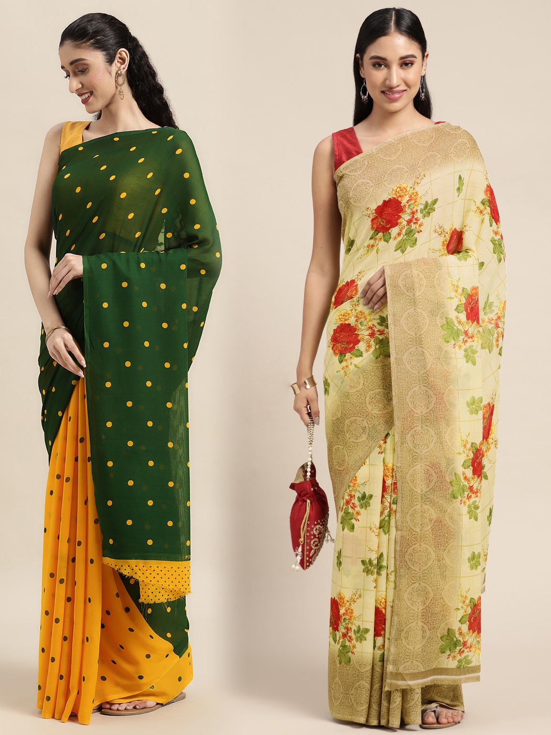 KALINI Pack of 2 Printed Sarees, Green
