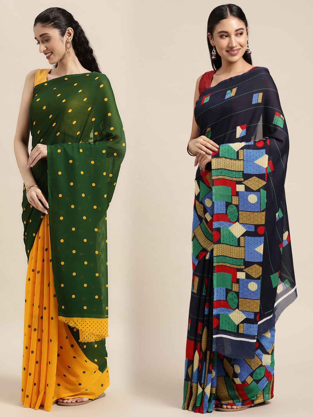 KALINI Pack of 2 Polka Dots Printed Saree, Green
