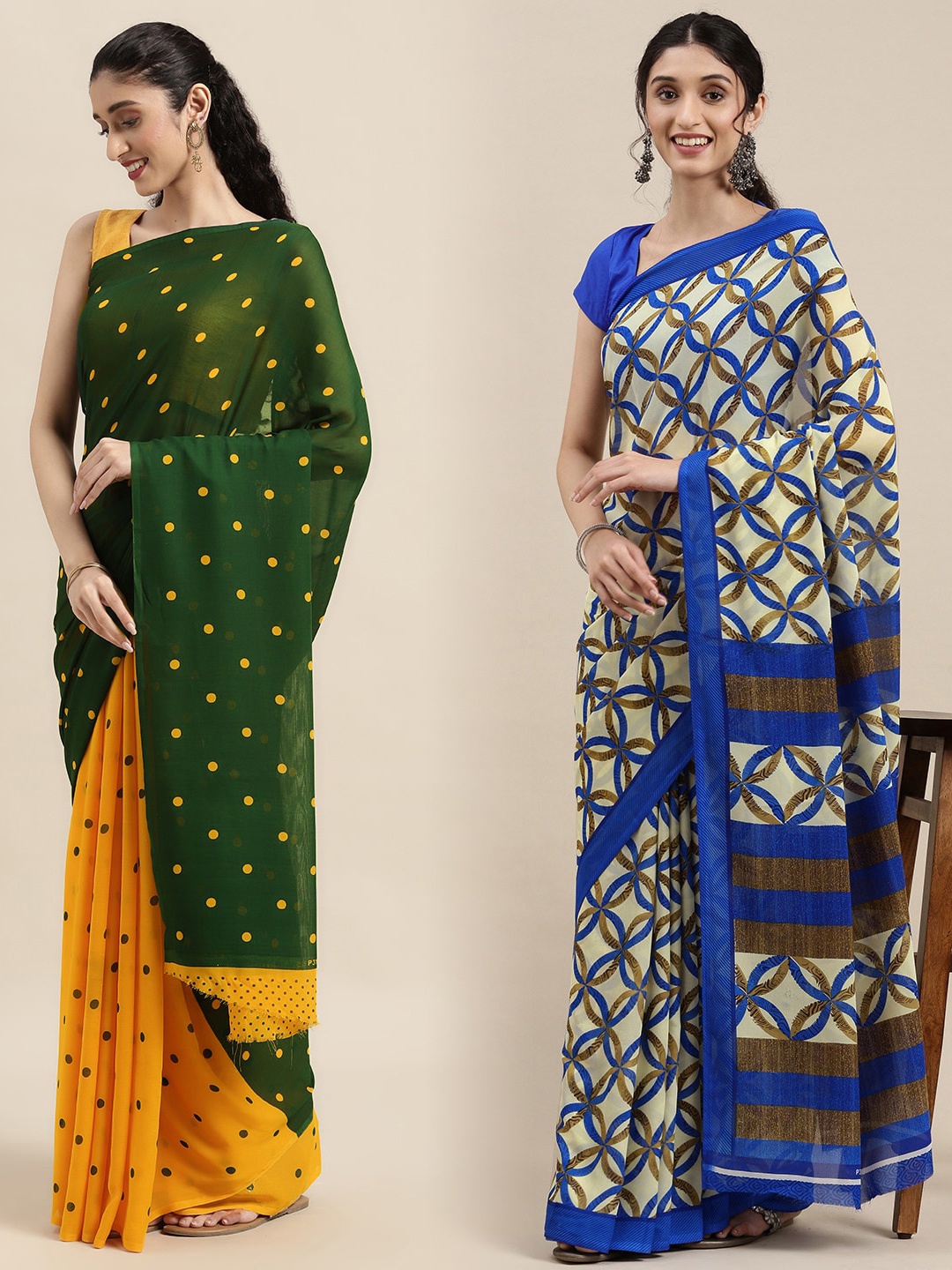 KALINI Pack of 2 Polka Dots Printed Saree, Green