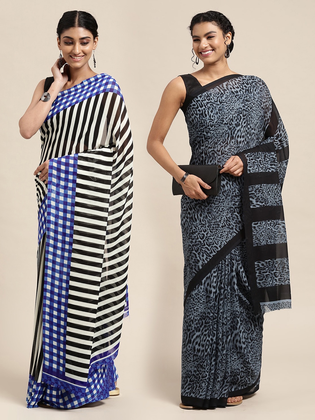 KALINI Women Pack Of 2 Printed Sarees, Black
