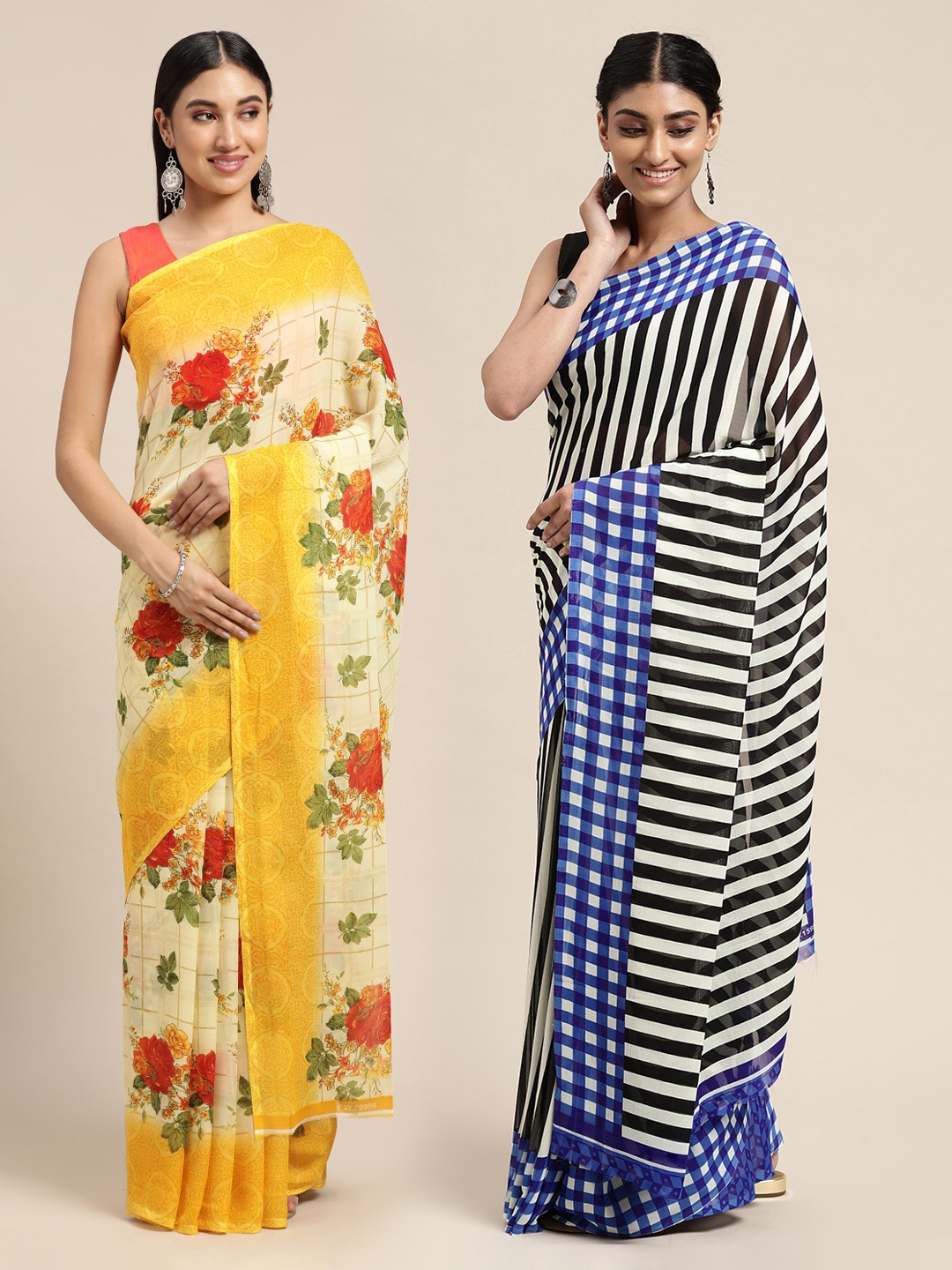 KALINI Pack of 2 Floral Print Saree, Beige