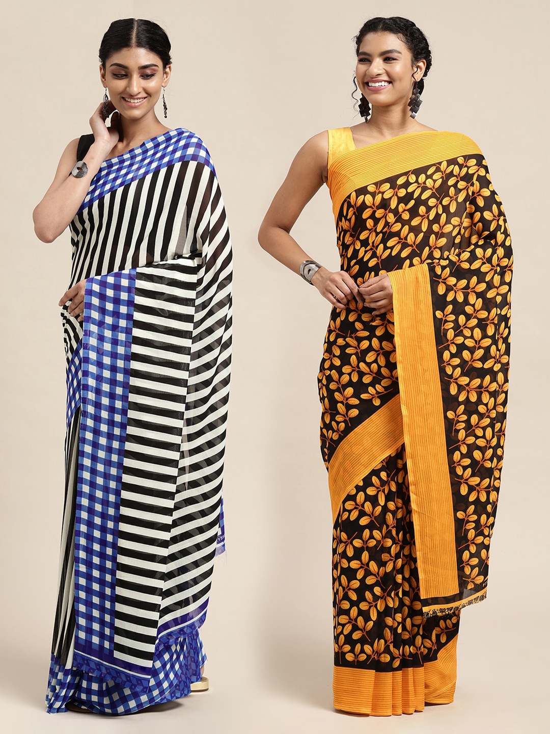 KALINI Pack of 2 Floral Print Saree, Black