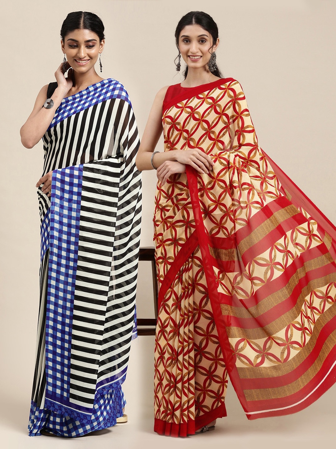KALINI Set of 2 Poly Georgette Saree, Beige