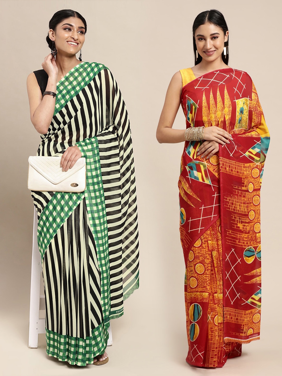 KALINI Pack Of 2 Red & Orange Printed Sarees