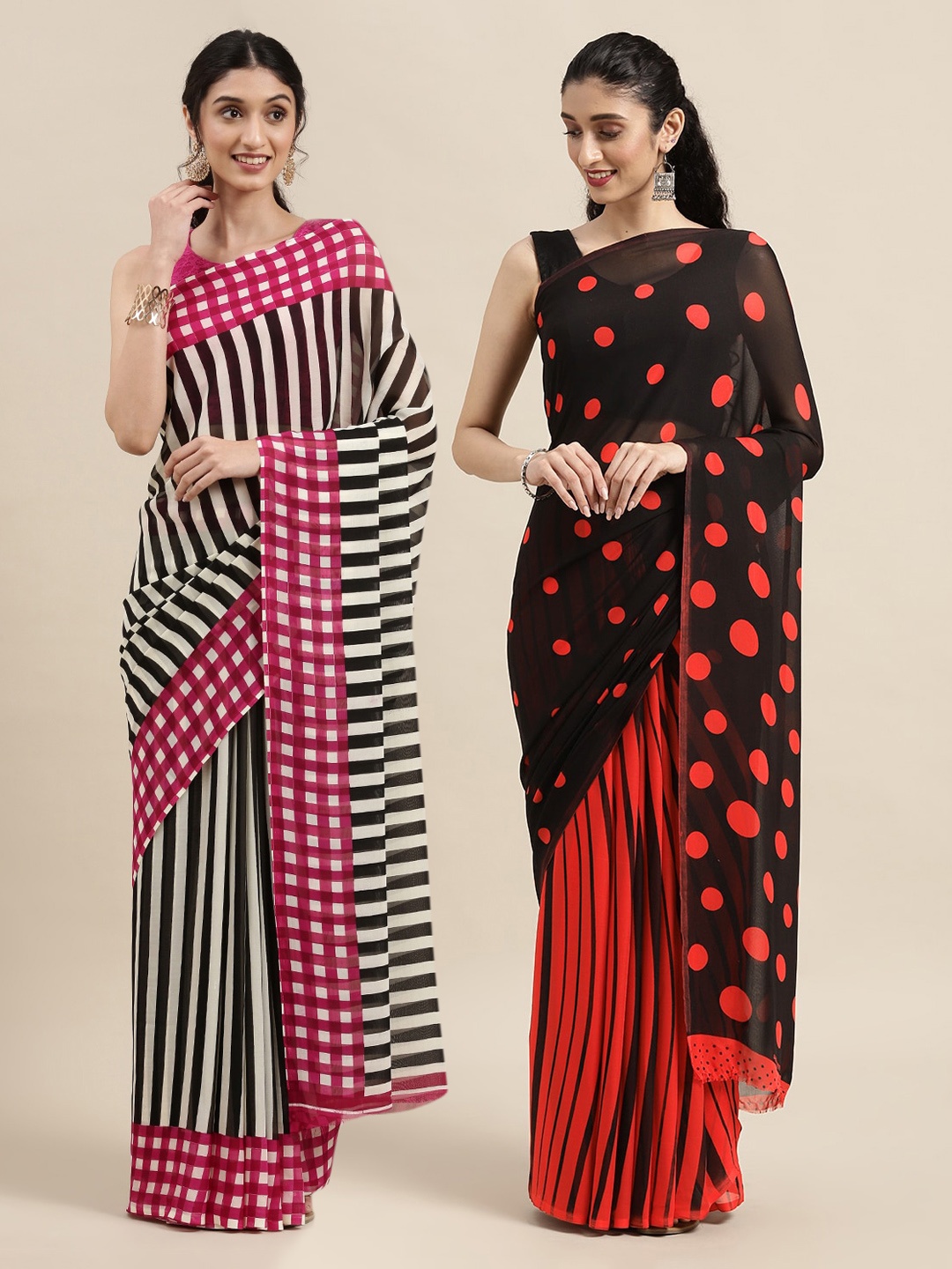 KALINI Pack Of 2 Red & Black Printed Sarees