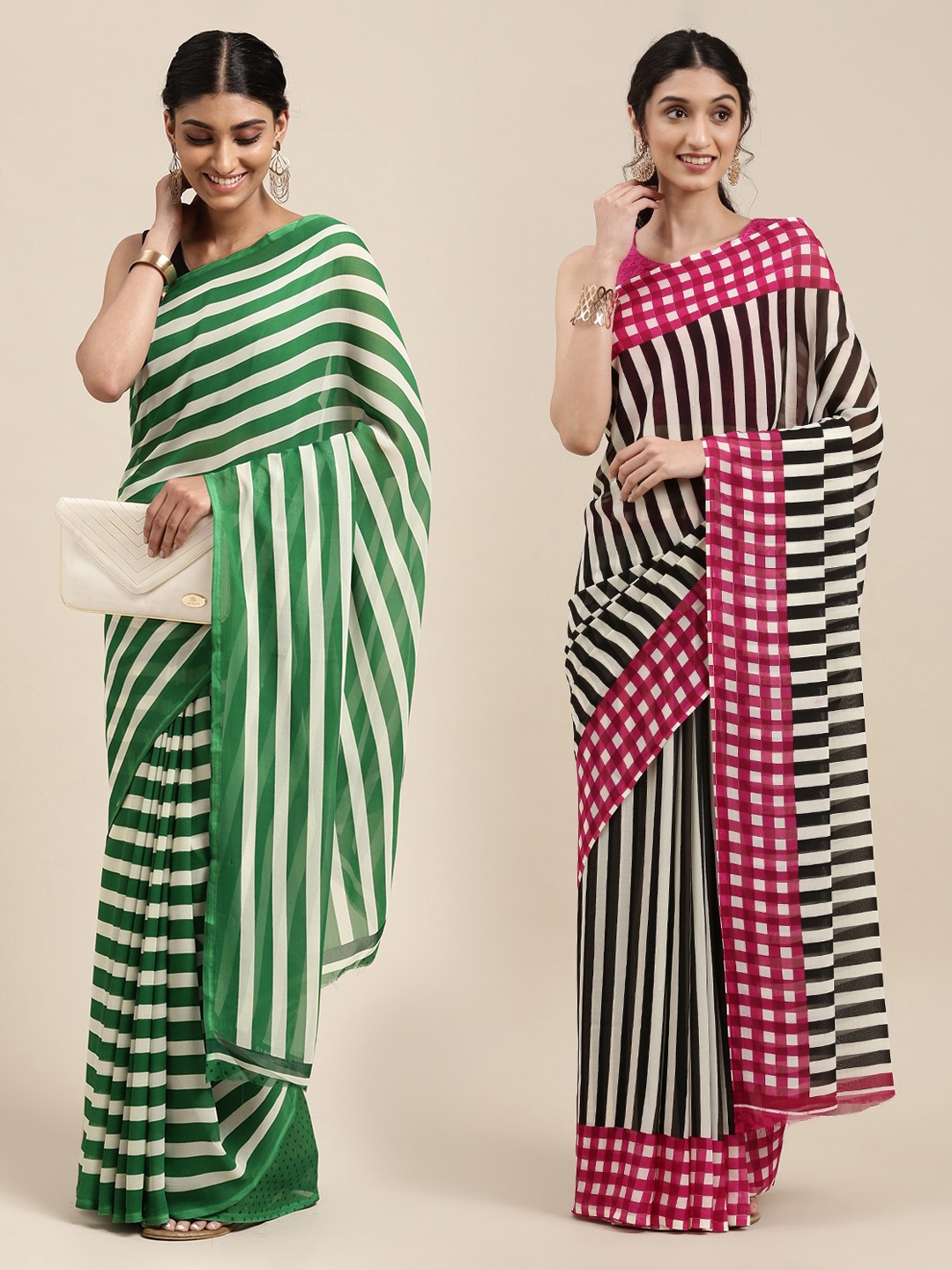 KALINI Pack of 2 Striped Saree, White