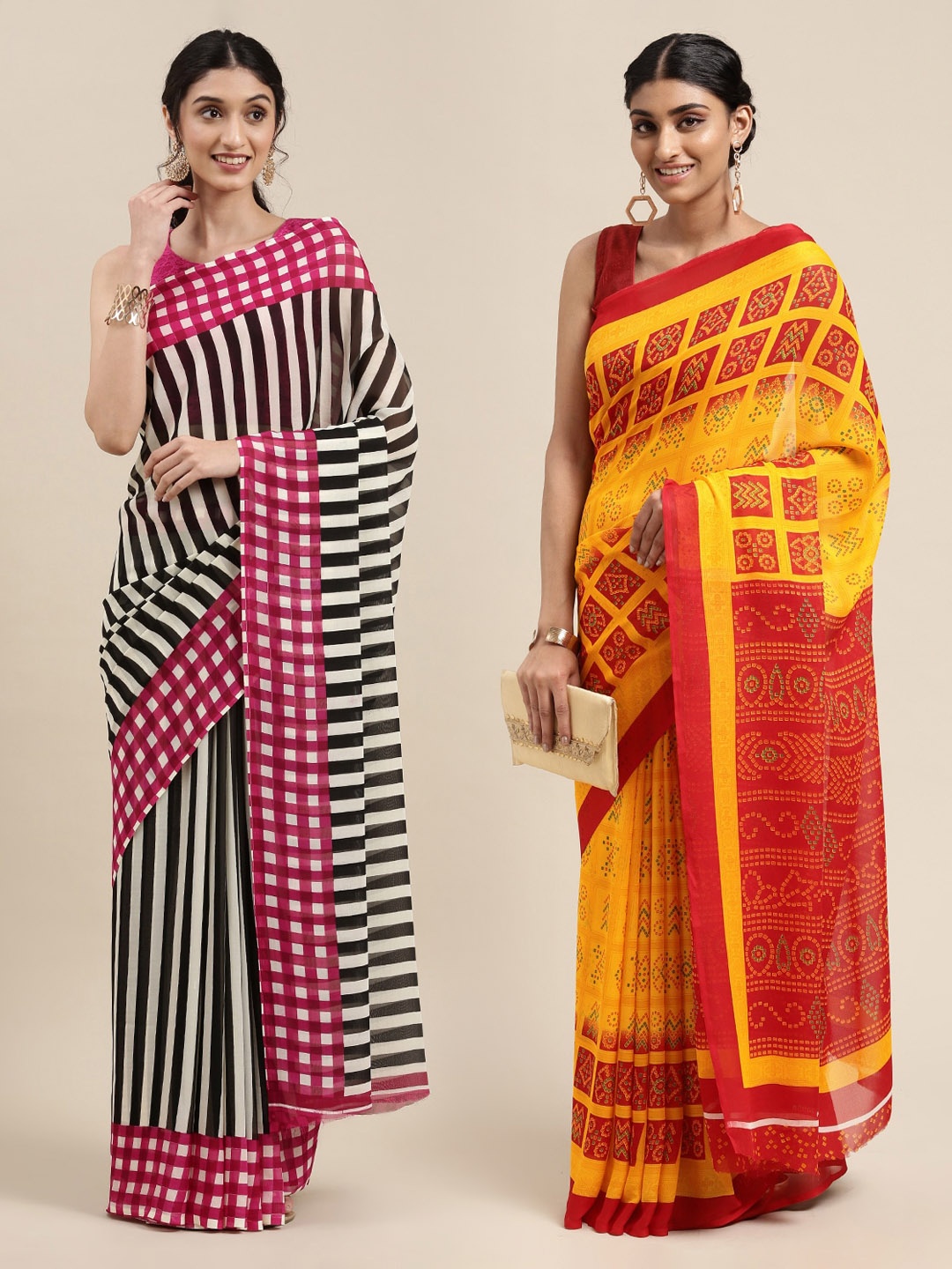 KALINI Pack of 2 Printed Saree, Black