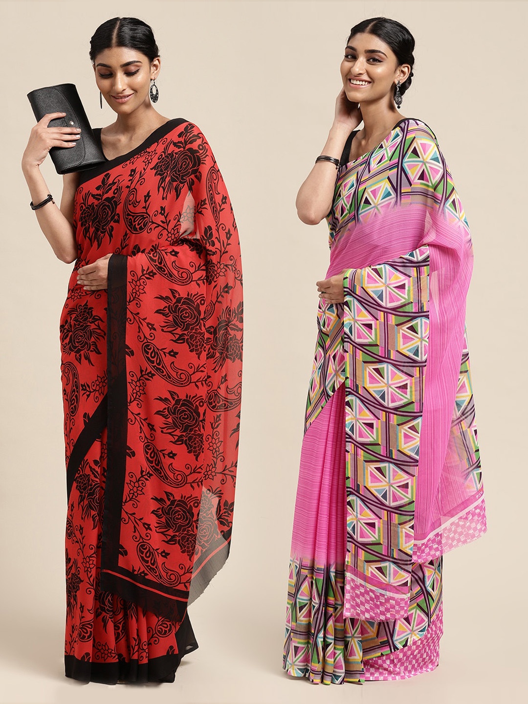 KALINI Pack of 2 Red & Pink Printed Sarees