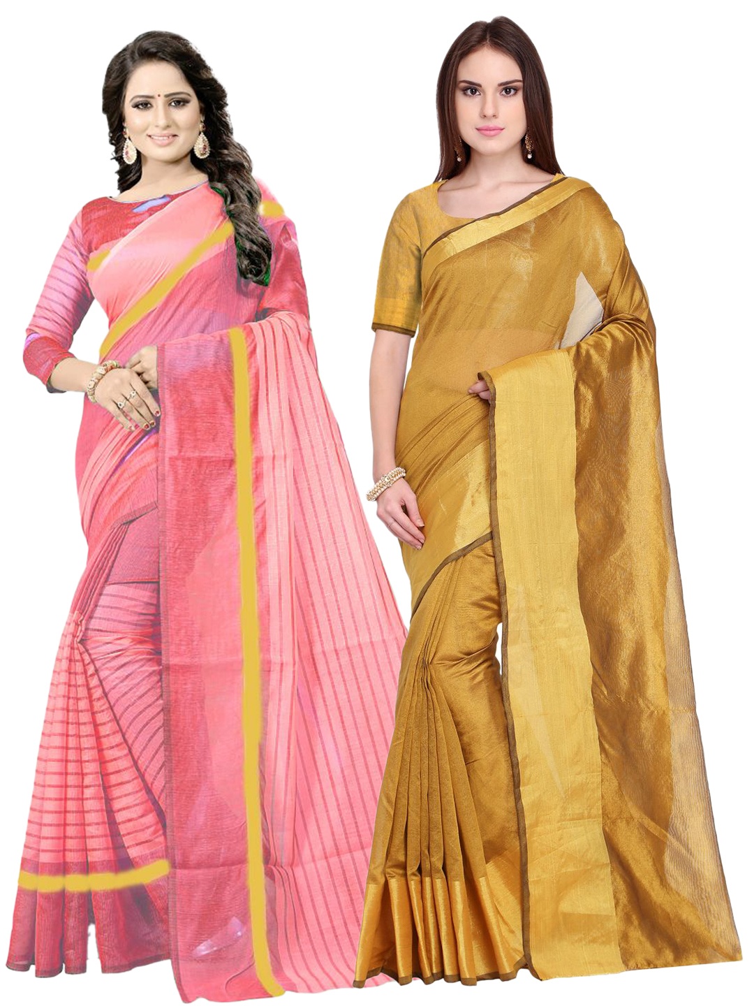 

SAADHVI Pack of 2 Gold-Toned & Peach-Coloured Striped Zari Silk Cotton Saree