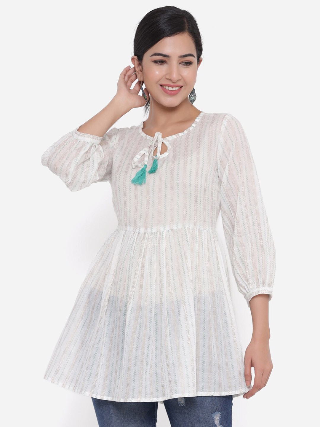 CHRISTEENA White Printed Longline Top