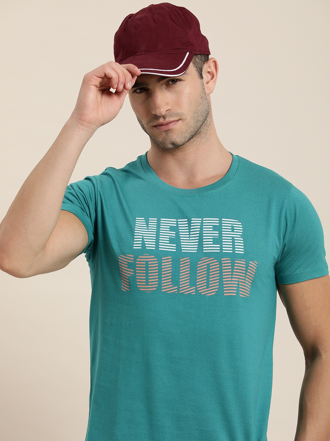 Moda Rapido Men Teal Blue Typography Printed Pure Cotton T-shirt