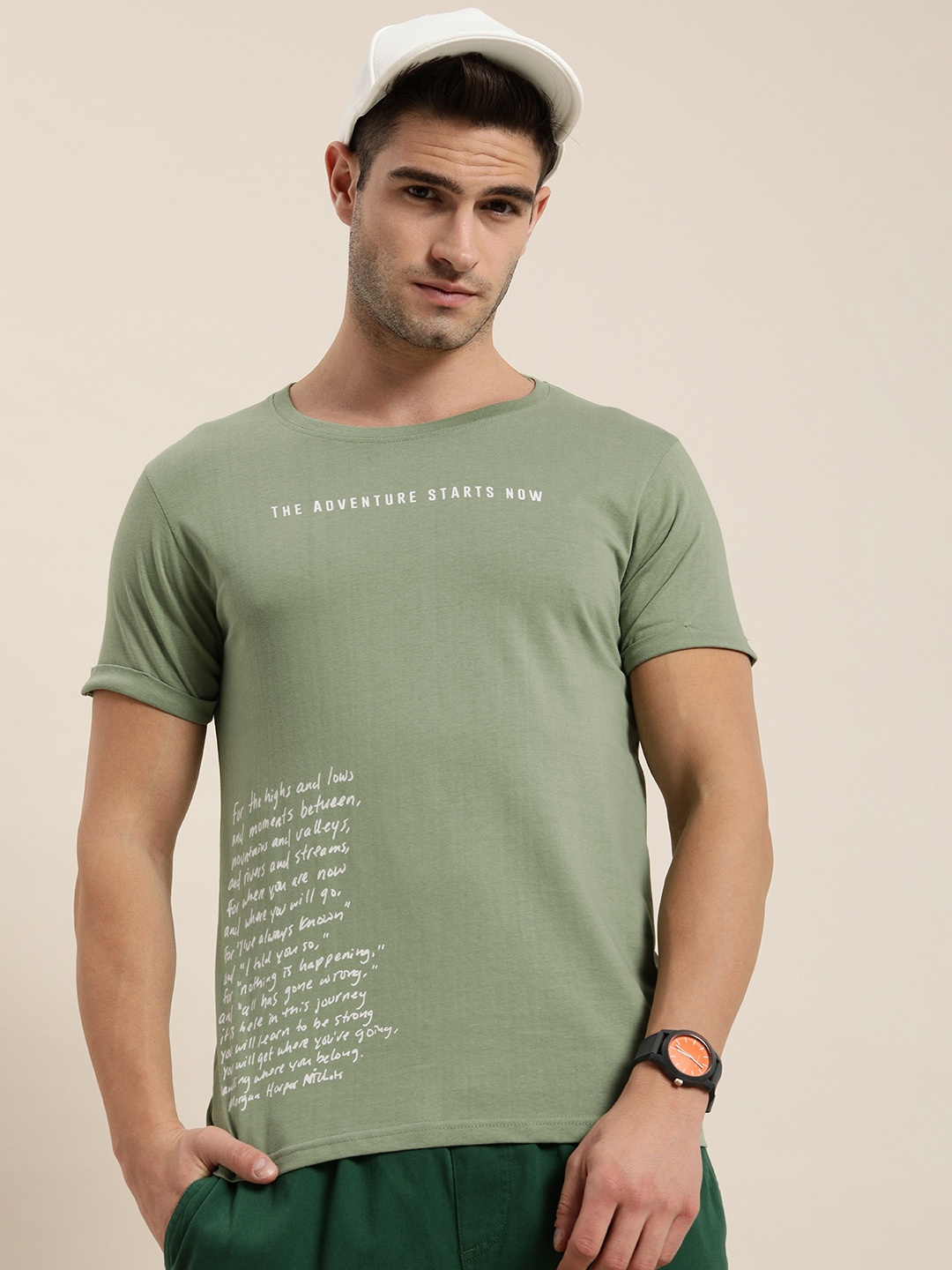 Moda Rapido Men Olive Green Typography Printed Pure Cotton T-shirt
