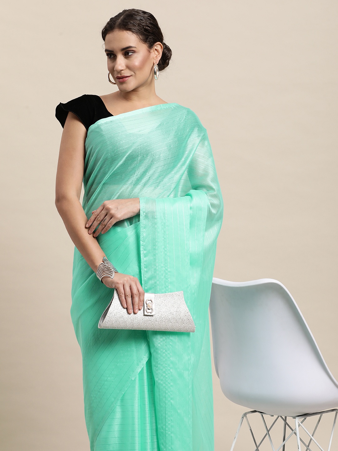 awesome Sea Green Self-Striped Saree