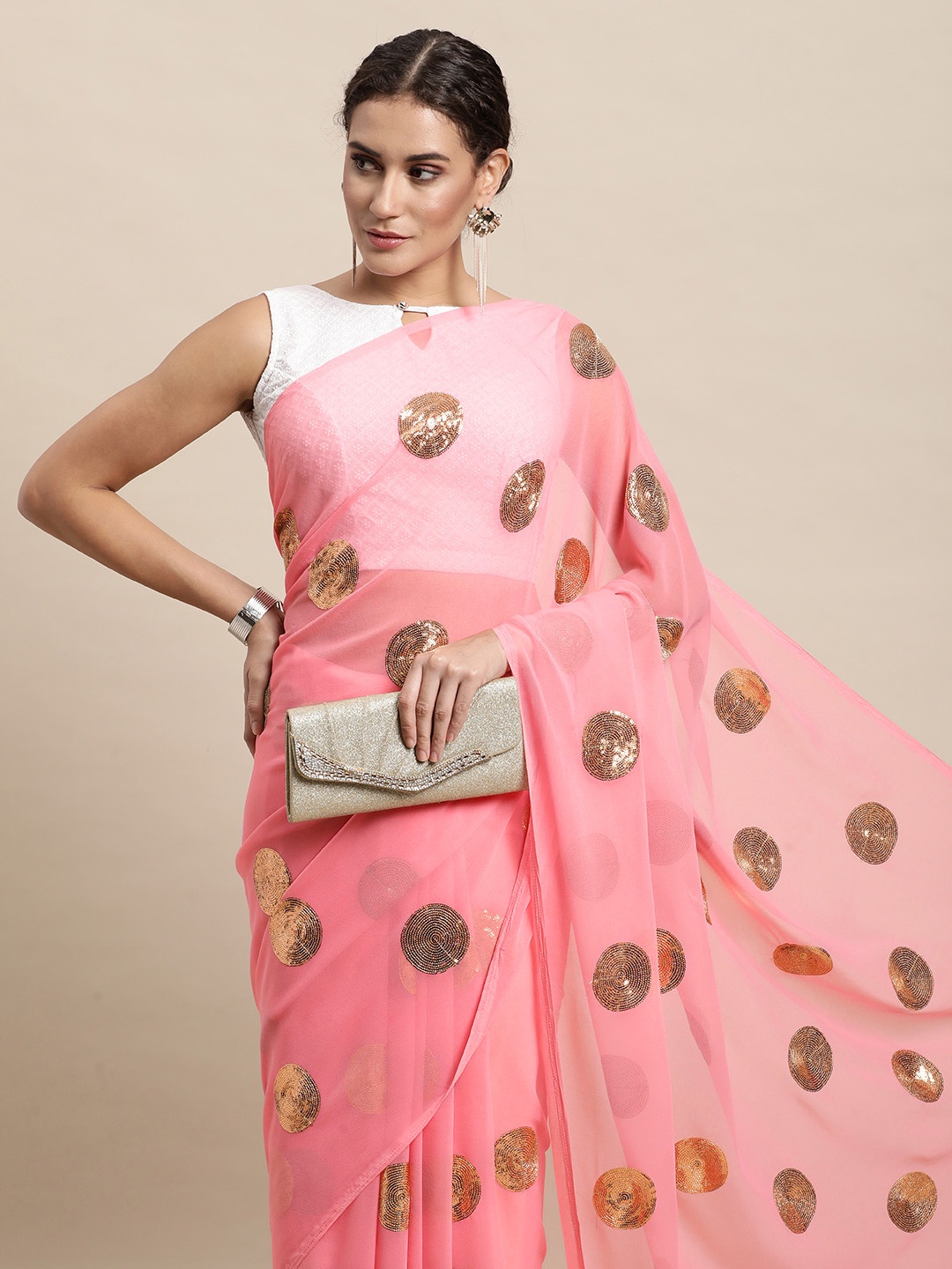awesome Pink Sequinned Pure Georgette Saree