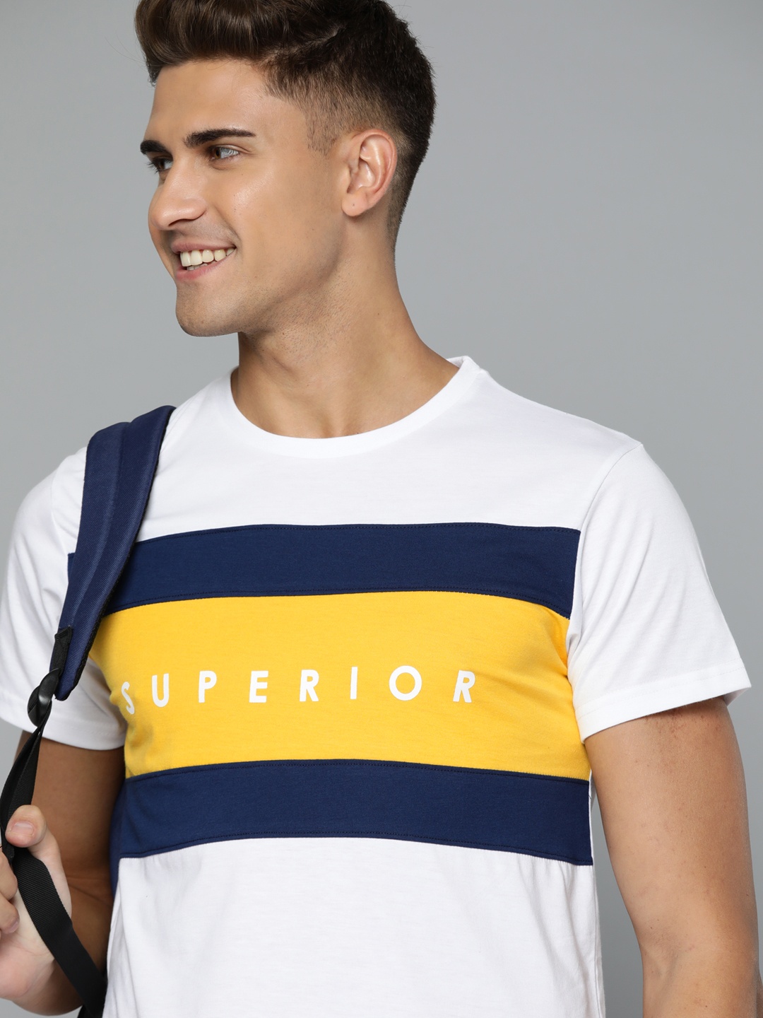 HERE&NOW Men White & Yellow Striped Printed T-shirt