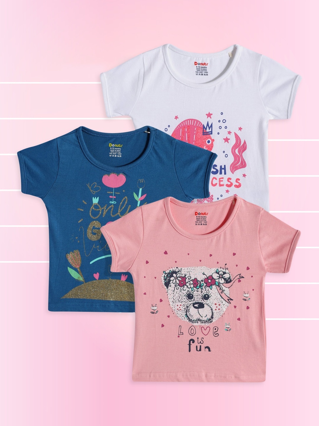 Donuts Girls White & Blue Pack of 3 Printed Round Neck Regular Sleeves Pure Cotton T-shirt
Donuts Girls White & Blue Pack of 3 Printed Round Neck Regular Sleeves Pure Cotton T-shirt