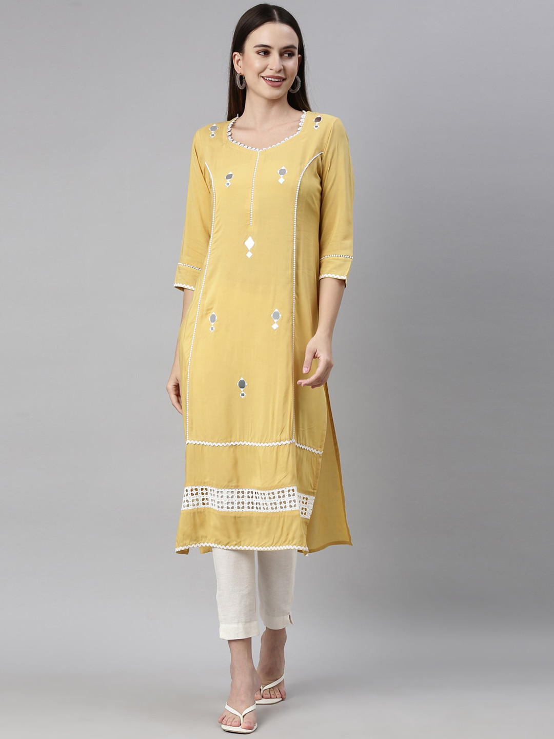 Neerus Women Yellow Panelled Kurta 
Neerus Women Yellow Panelled Kurta