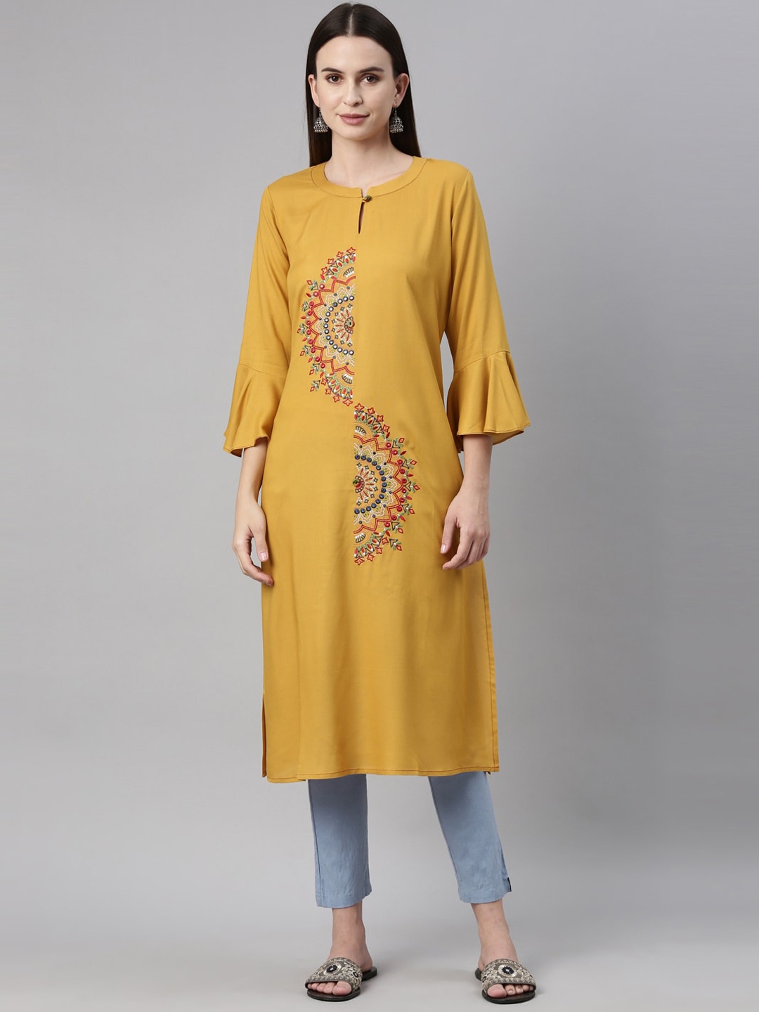 Neerus Women Mustard Yellow Floral Embroidered Keyhole Neck Flared Sleeves Thread Work Kurta
Neerus Women Mustard Yellow Floral Embroidered Keyhole Neck Flared Sleeves Thread Work Kurta