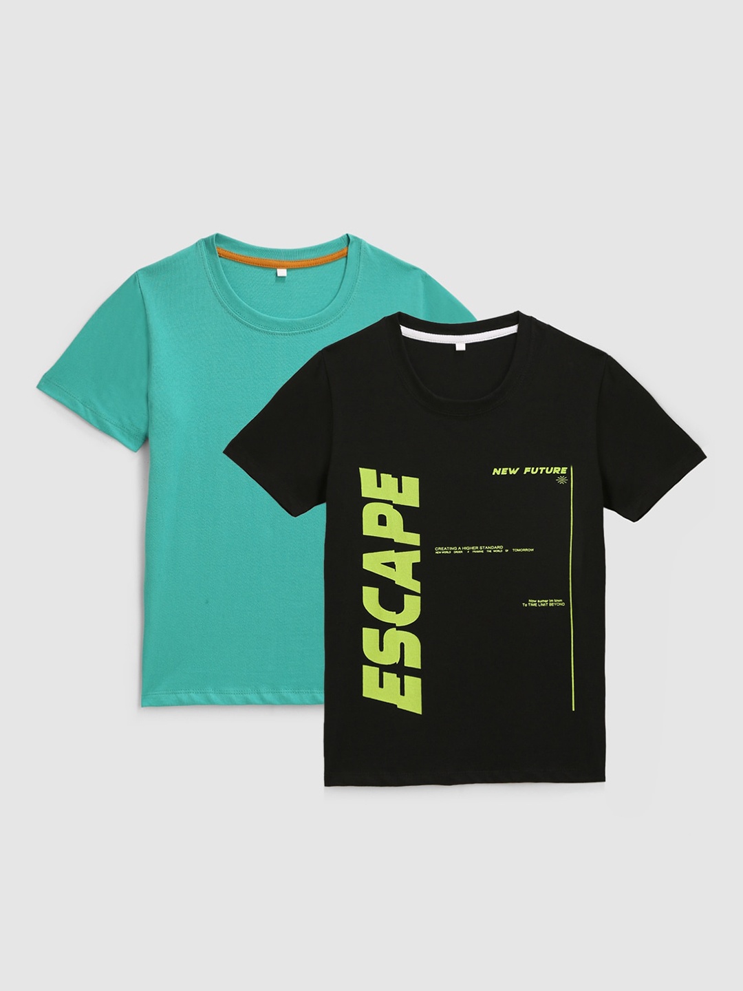 KIDSCRAFT Set Of 2 Boys Black & Teal Green Typography Printed Cotton T-shirt