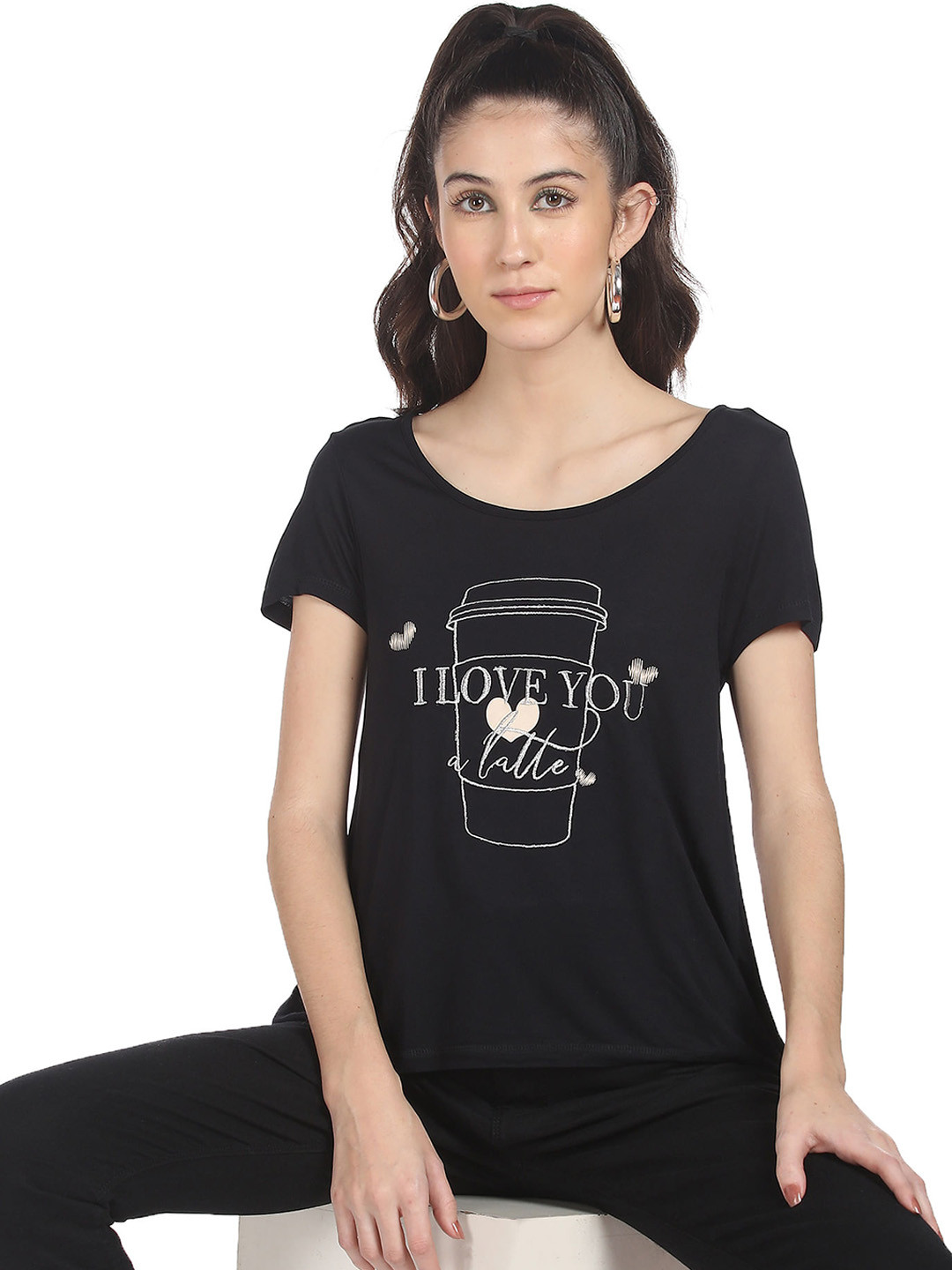 Sugr Women Black Typography Printed T-shirt 
Sugr Women Black Typography Printed T-shirt