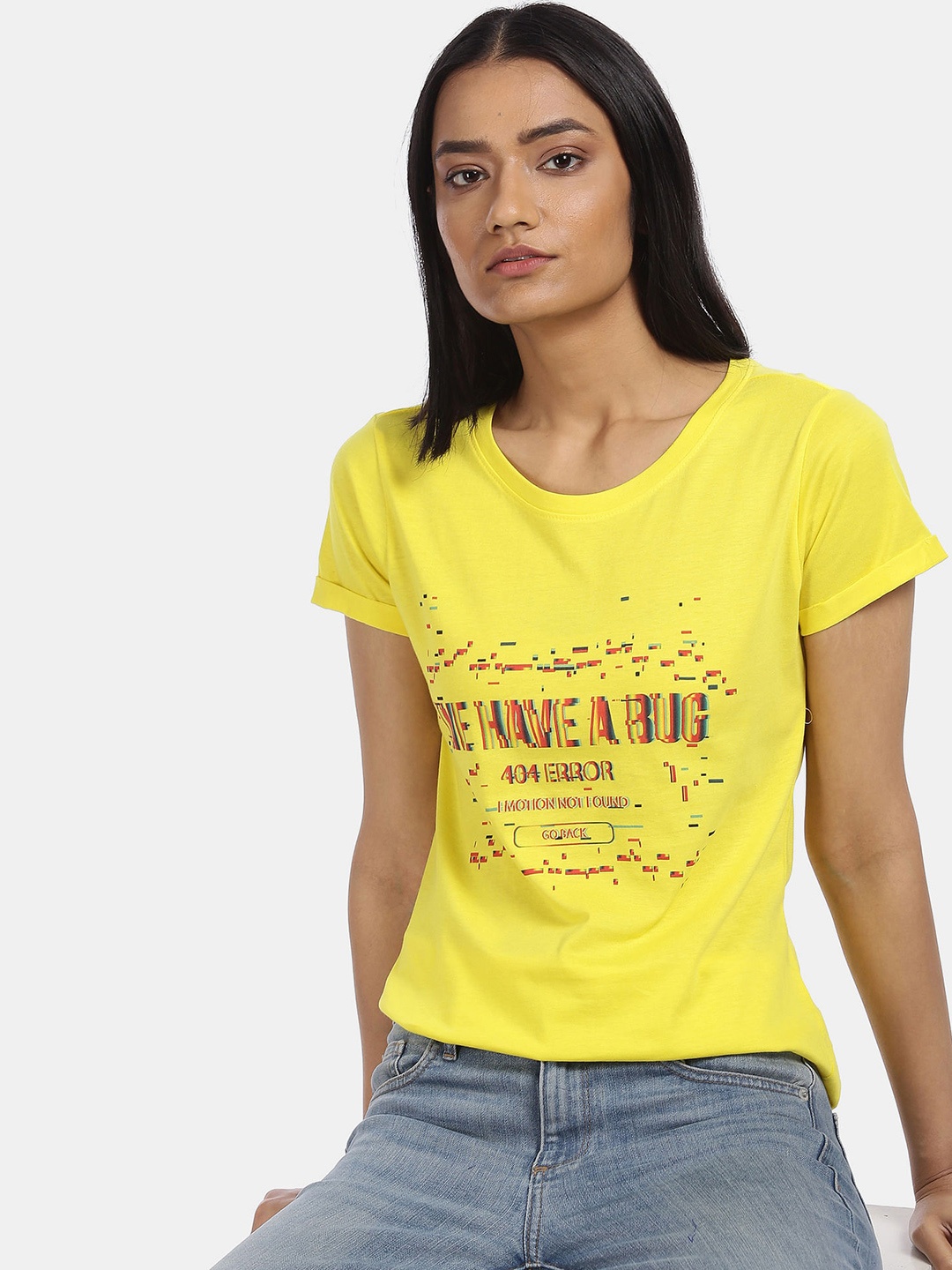 Sugr Women Yellow Printed Pure Cotton T-shirt