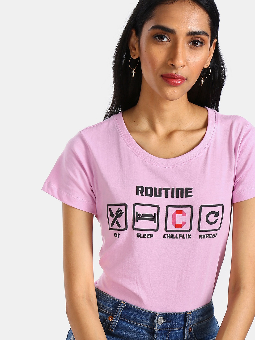Sugr Women Pink Typography Printed Pure Cotton T-shirt