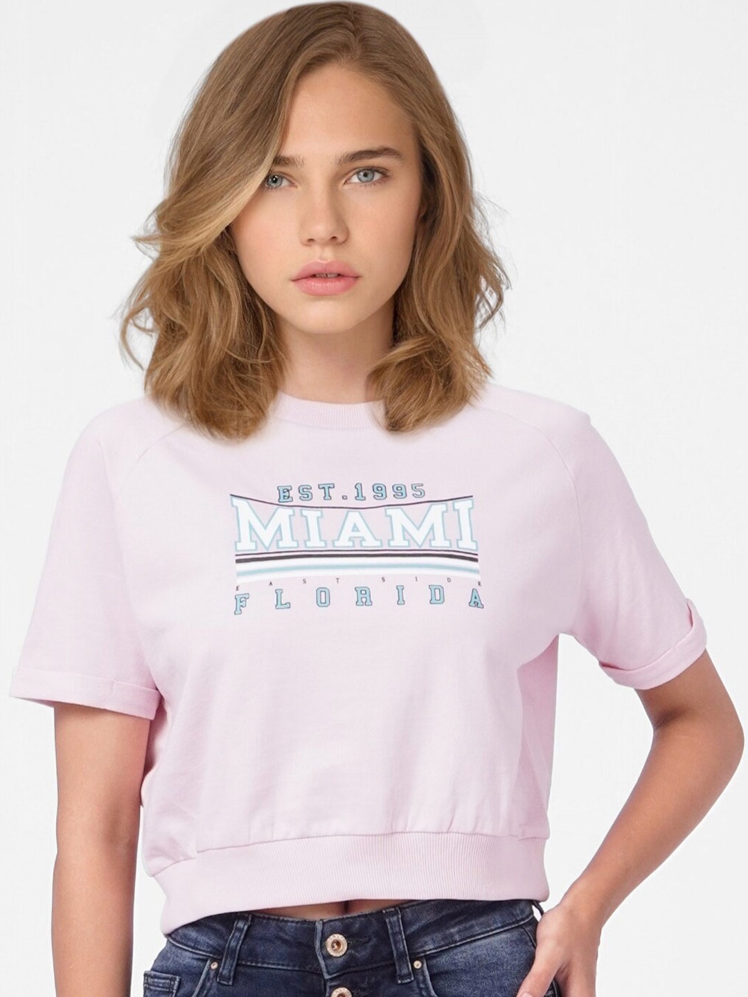 ONLY Women Pink Typography Printed Cotton T-shirt