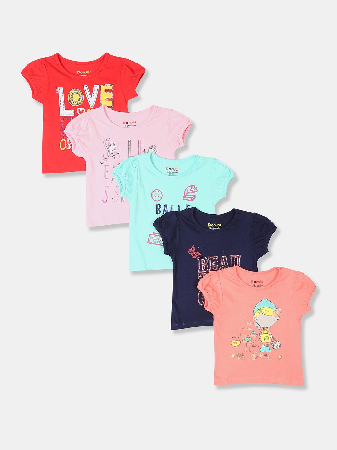 Donuts Girls Assorted Pack of 5 Typography Printed Puff Sleeves T-shirt