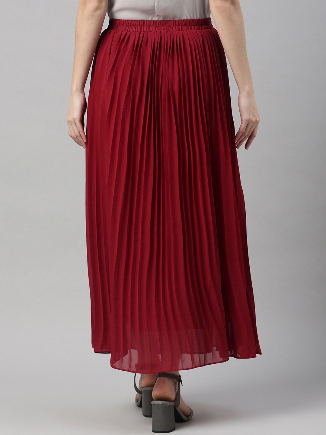SHECZZAR Women Maroon Accordian Pleated Maxi Flared Skirt