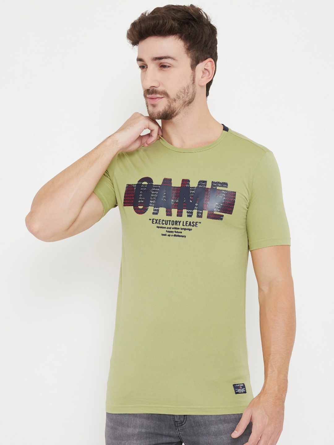 NEVA Men Olive Green Typography Printed T-shirt