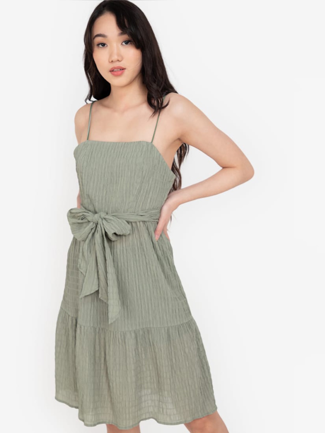 ZALORA BASICS Women Green Solid Drop-Waist Mini Dress