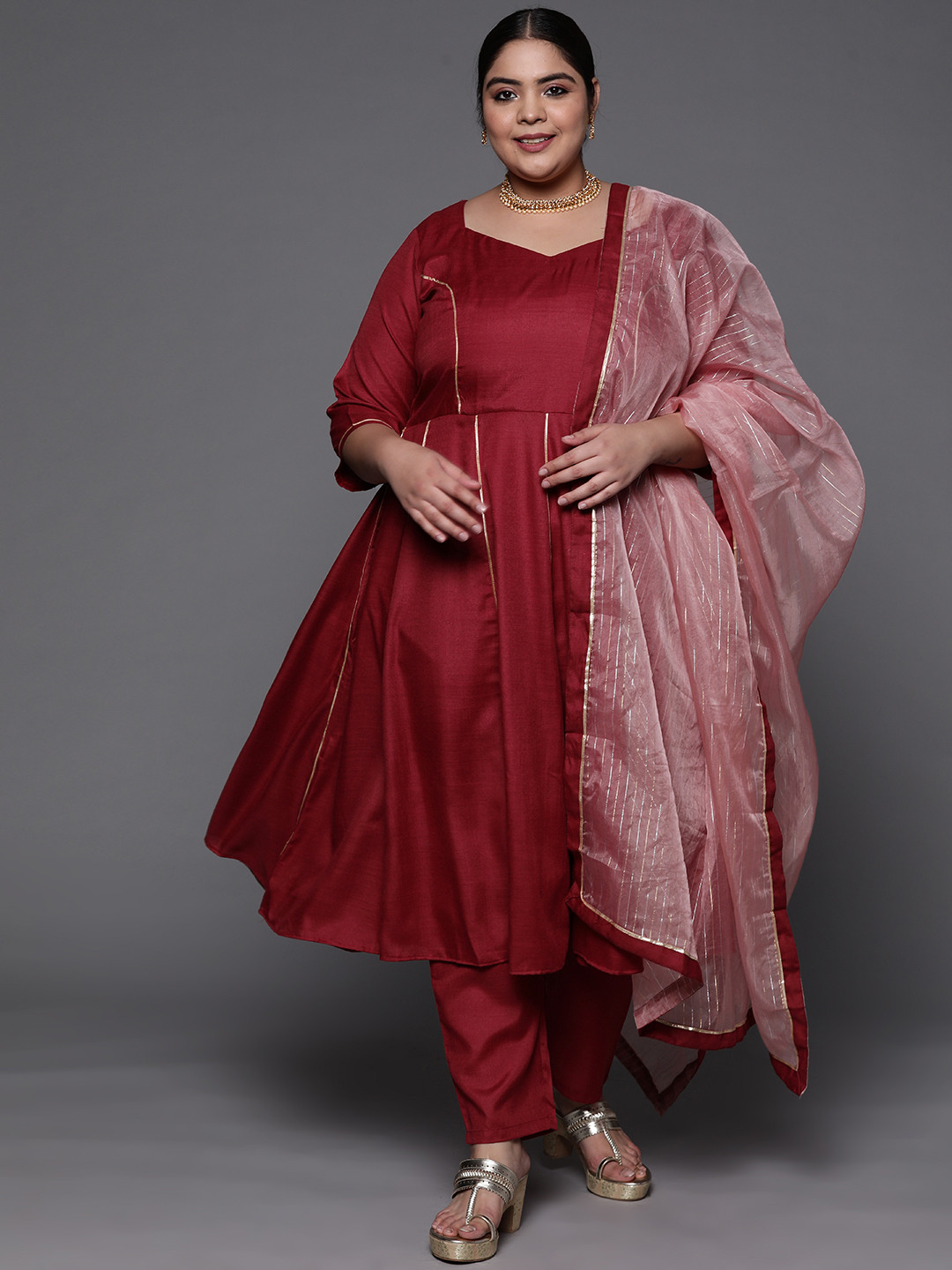 INDDUS PLUS Women Maroon Striped Detail Gotta Patti Kurta with Trousers & With Dupatta
INDDUS PLUS Women Maroon Striped Detail Gotta Patti Kurta with Trousers & With Dupatta