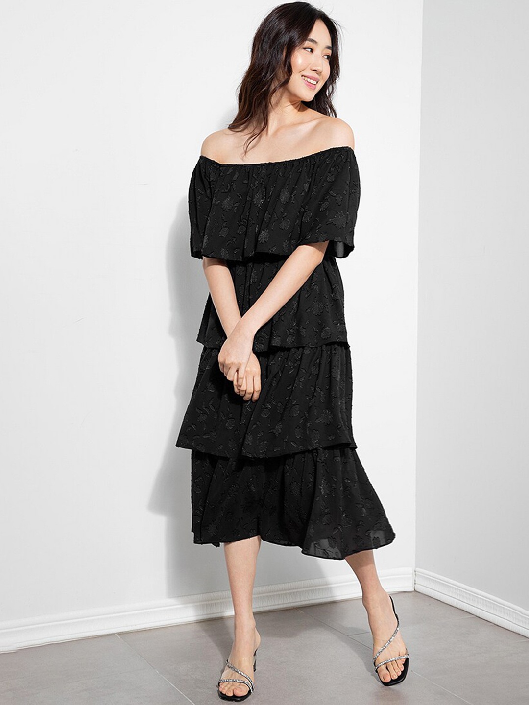 ZALORA OCCASION Black Floral Off-Shoulder Midi Dress